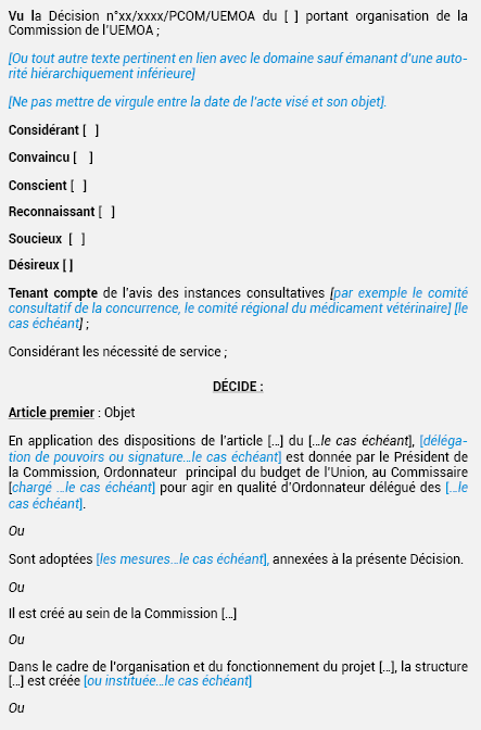 MODÈLE DE DÉCISION DU PRÉSIDENT DE LA COMMISSION (DÉCISION PCOM)
