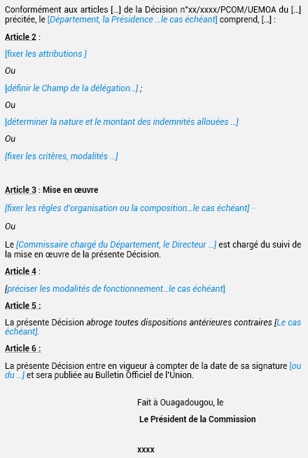 MODÈLE DE DÉCISION DU PRÉSIDENT DE LA COMMISSION (DÉCISION PCOM)